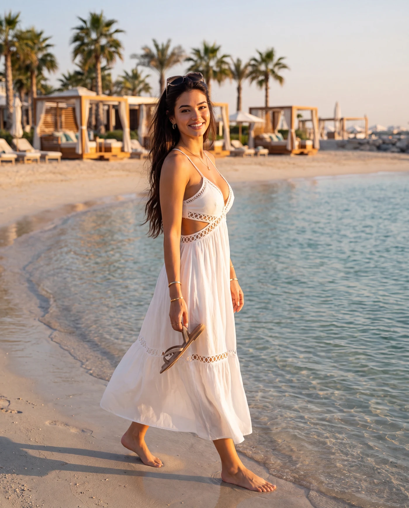 Maya Suri in a white resort dress walking beside the sea